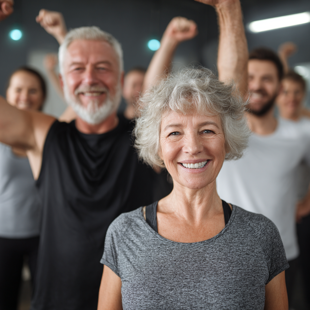 Mature adults celebrating fitness achievements in a supportive group setting